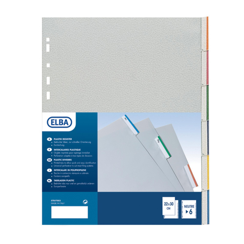 ELBA INTERCALARE IN PP 305X242 mm FORATURA UNIVERSALE 6 TACCHE NEUTRE COLORI ASSORTITI